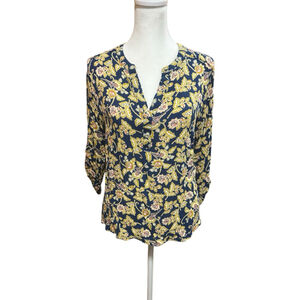 Daniel Rainn Size‎ Small Blouse Top Roll Tab Sleeve Yellow Navy Floral Shirt